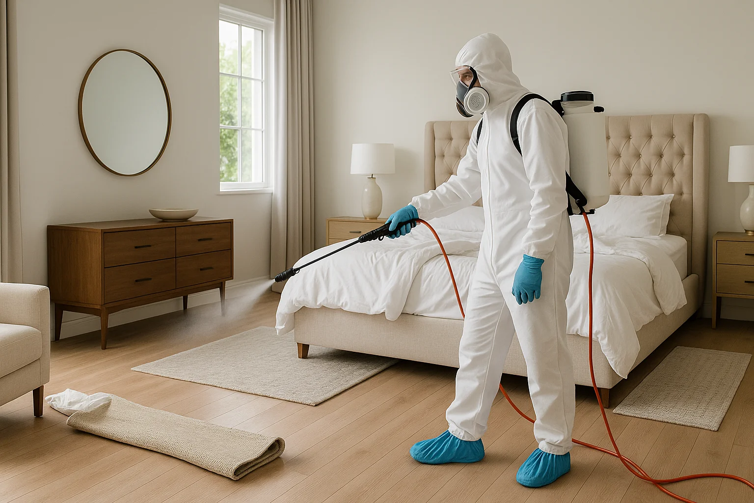 Professional pest control technician treating a bedroom
